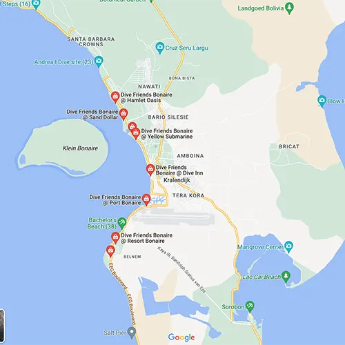 Kaart met de verschillende locaties van Dive Friends op Bonaire, om aan te geven dat er altijd wel een in de buurt is. Duik met onze partner en geniet van speciale kortingen op pick-up verhuur bij Pickup Rental Bonaire.